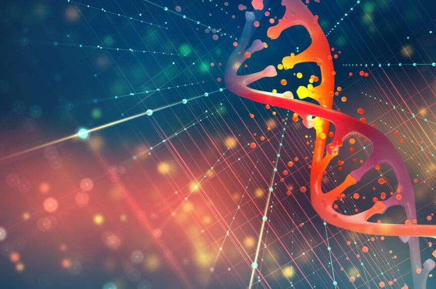 DNA helix. Hi Tech technology in the field of genetic engineering. 3D illustration on a futuristic background