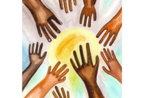 Watercolor of diverse hands reaching out