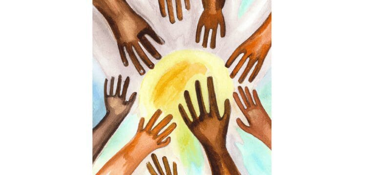 Watercolor of diverse hands reaching out