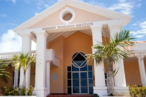 front of research institute in Caribbean