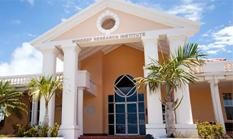 front of research institute in Caribbean