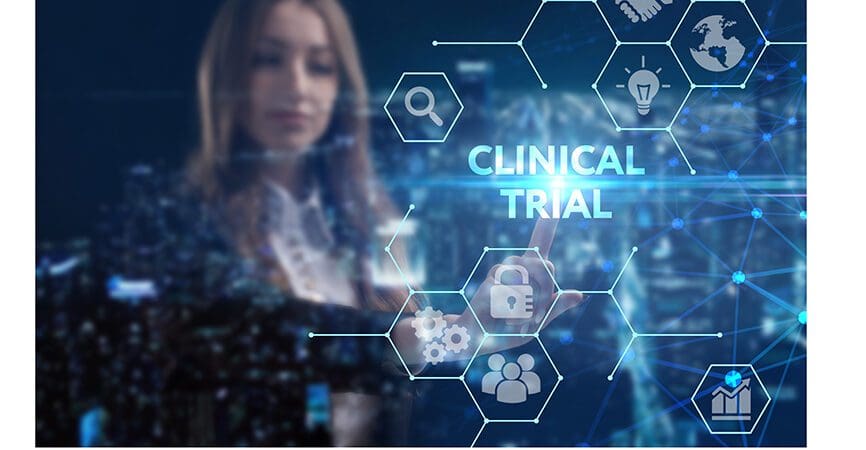 Business, technology, internet and network concept. Young businessman thinks over the steps for successful growth: Clinical trial