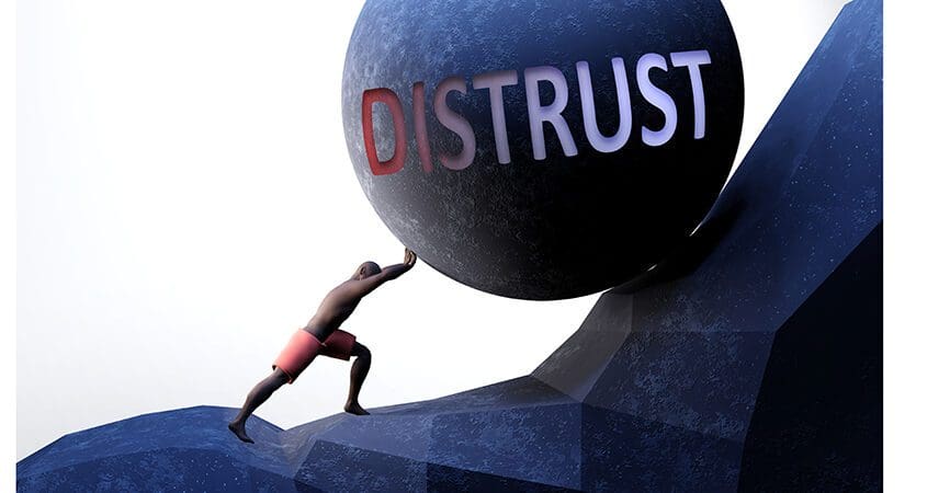 Distrust as a problem that makes life harder - symbolized by a person pushing weight with word Distrust to show that Distrust can be a burden that is hard to carry, 3d illustration