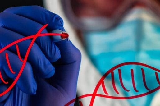 genome editing, person with red marker drawing dna strands