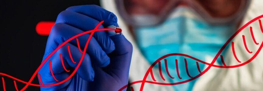 genome editing, person with red marker drawing dna strands