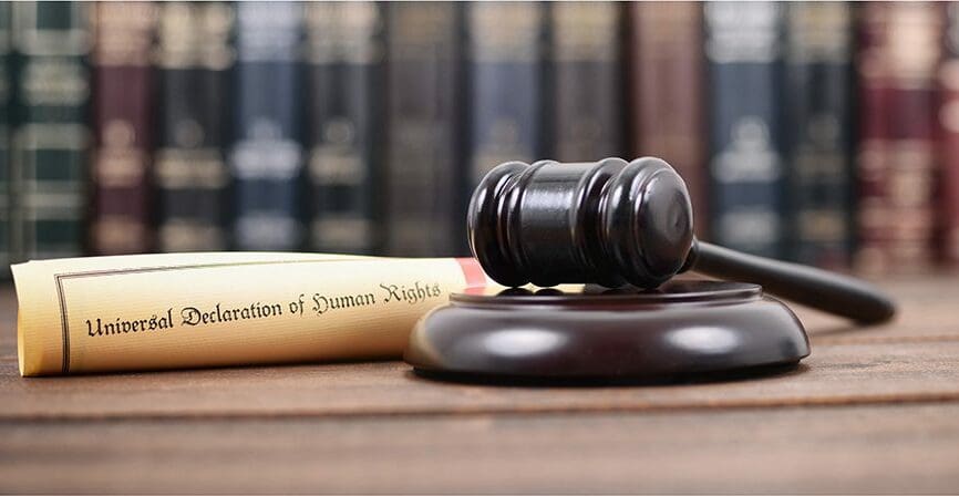 Judge Gavel, Universal declaration of human rights on a wooden background, human rights concept.