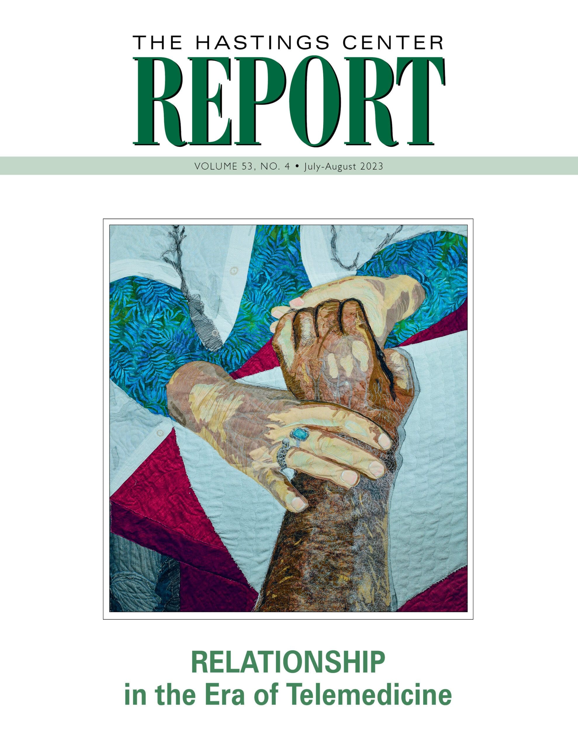 jul-aug 23 report cover, painting of hands holding