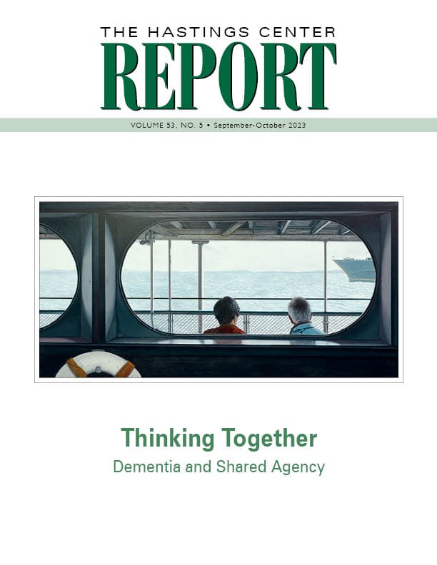 cover of the hastings center report, two people on a ferry