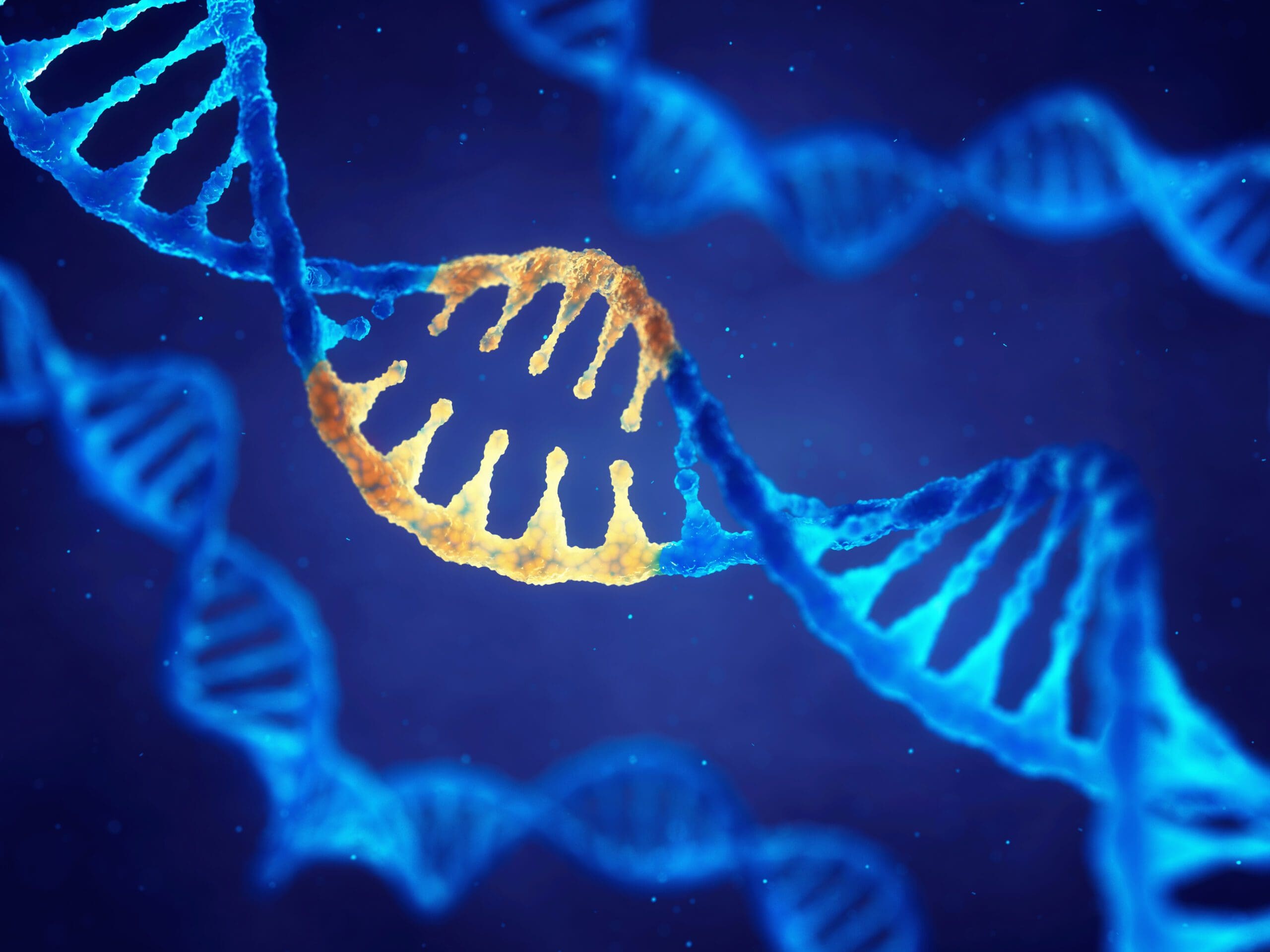 blue and yellow image of DNA double helix