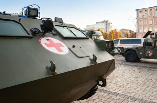 Medical supplies in Ukraine being transported by tanks with a Red Cross on them