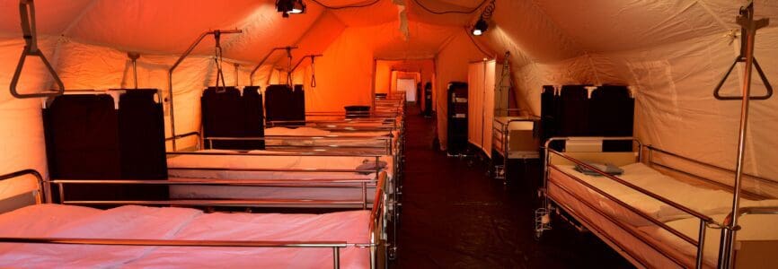 Mandatory Credit: Photo by IGOR KUPLJENIK/EPA-EFE/Shutterstock (10586332p)
View of mobile hospital tents with a total capacity for 120 beds set up by the Slovenian Army at the Edvard Peperko Barracks in Ljubljana, Slovenia, 17 March 2020. The Slovenian government has halted public transport and shut down most shops in a bid to slow down the spread of the COVID-19 disease caused by the SARS-CoV-2 coronavirus. Slovenia, a tiny country of just over 2 million inhabitants that borders the coronavirus hotspot of northern Italy, has recorded at least 253 confirmed cases of the disease, with no deaths reported so far.
Coronavirus containment efforts in Slovenia, Ljubljana - 17 Mar 2020